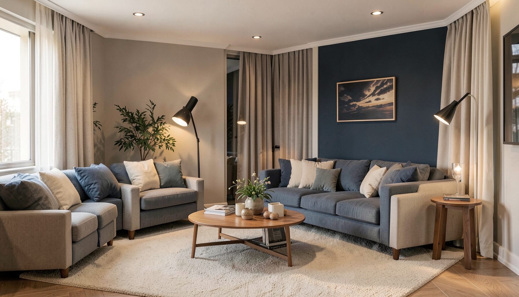 Warmly lit modern living room with soft navy and cream tones, calm and reassuring atmosphere