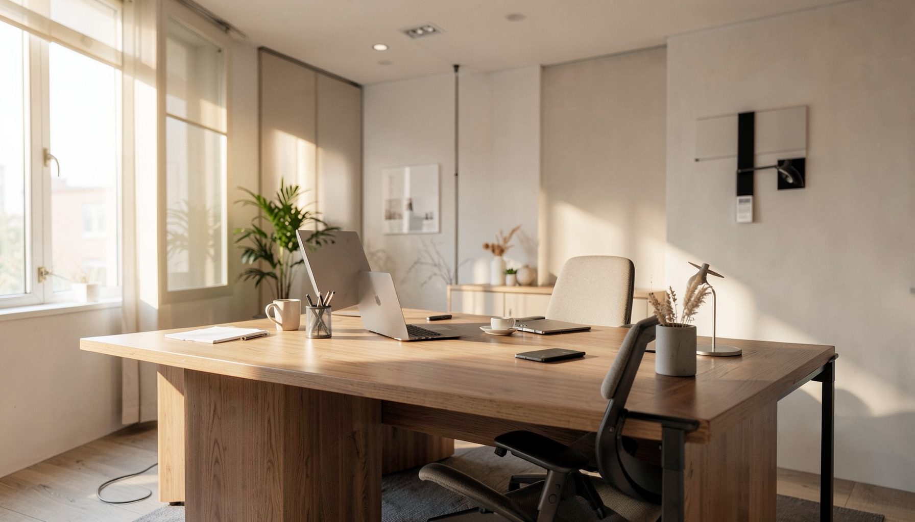 Modern office workspace with warm natural light, wooden desk, and soft neutral tones conveying professionalism and trust