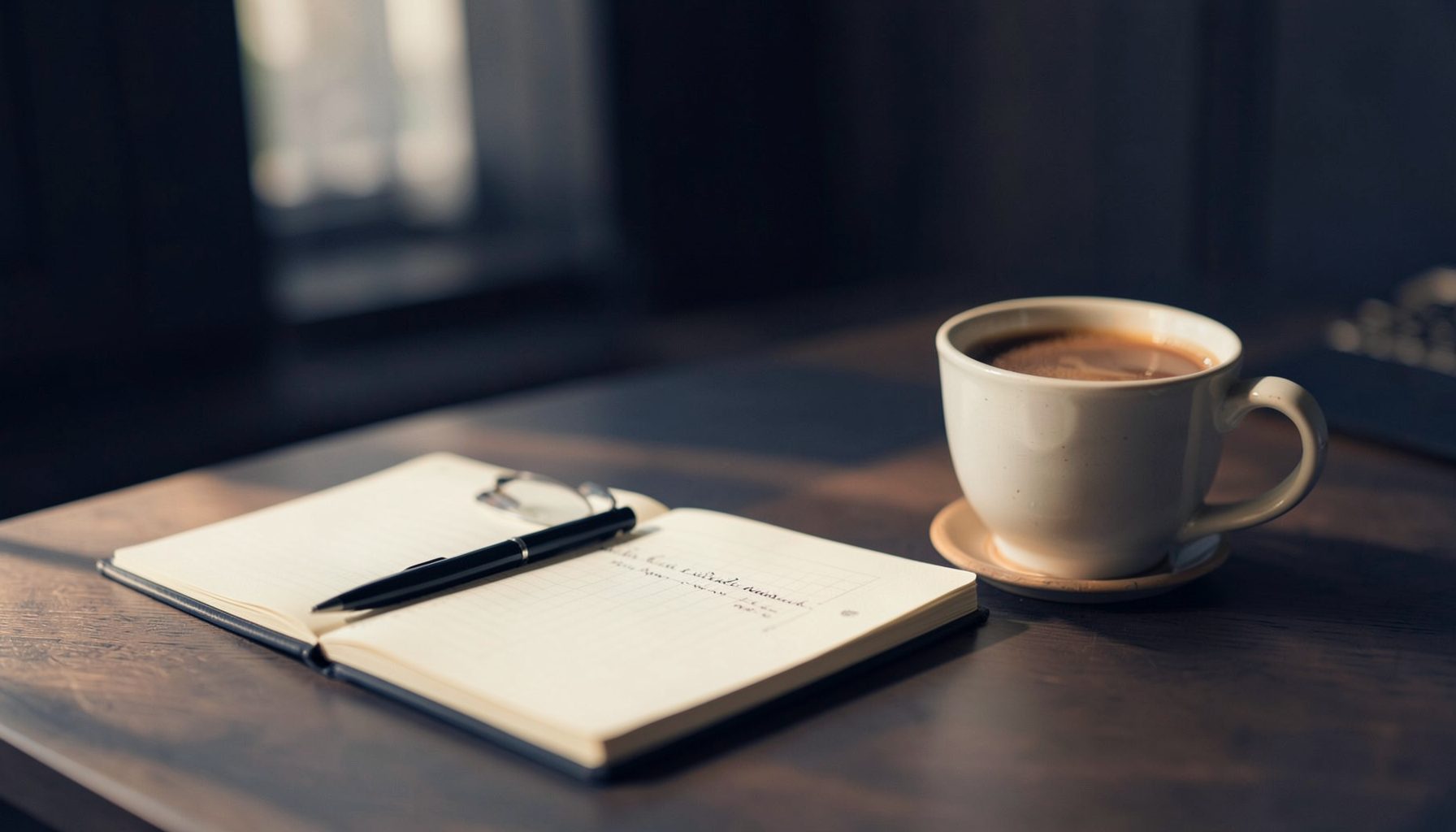A softly lit desk scene with a notebook, pen, and a warm cup of coffee, evoking a calm and thoughtful reading atmosphere in deep navy and cream tones
