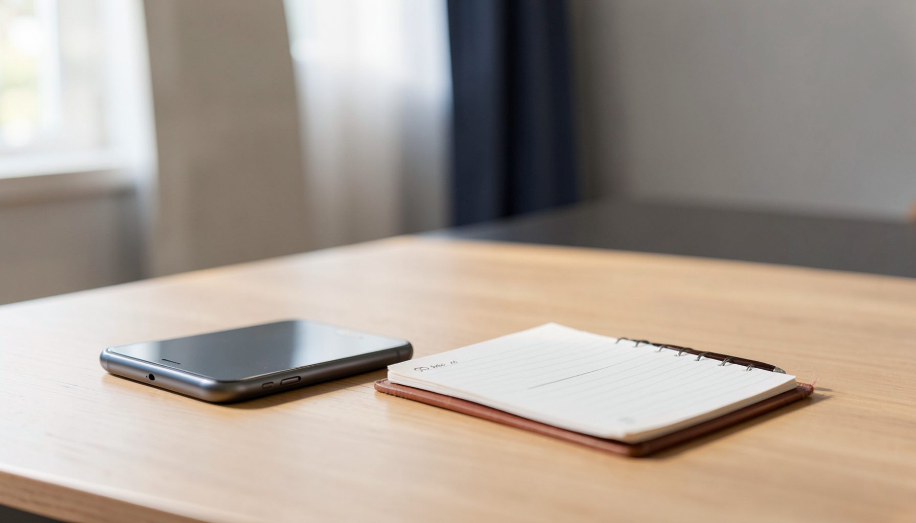 A clean modern office desk with a phone, notepad, and pen in soft natural light, warm neutral tones with touches of navy blue